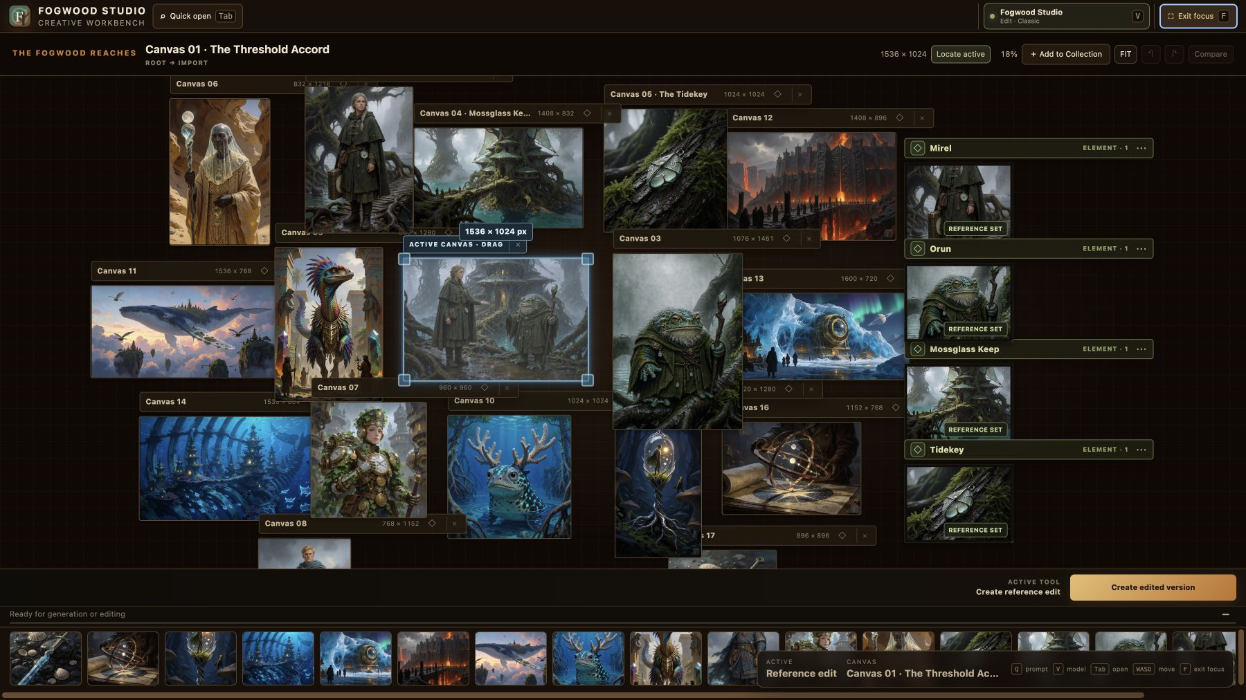 The Threshold Accord surrounded by character, place, creature, item, and architecture studies in Fogwood focus mode
