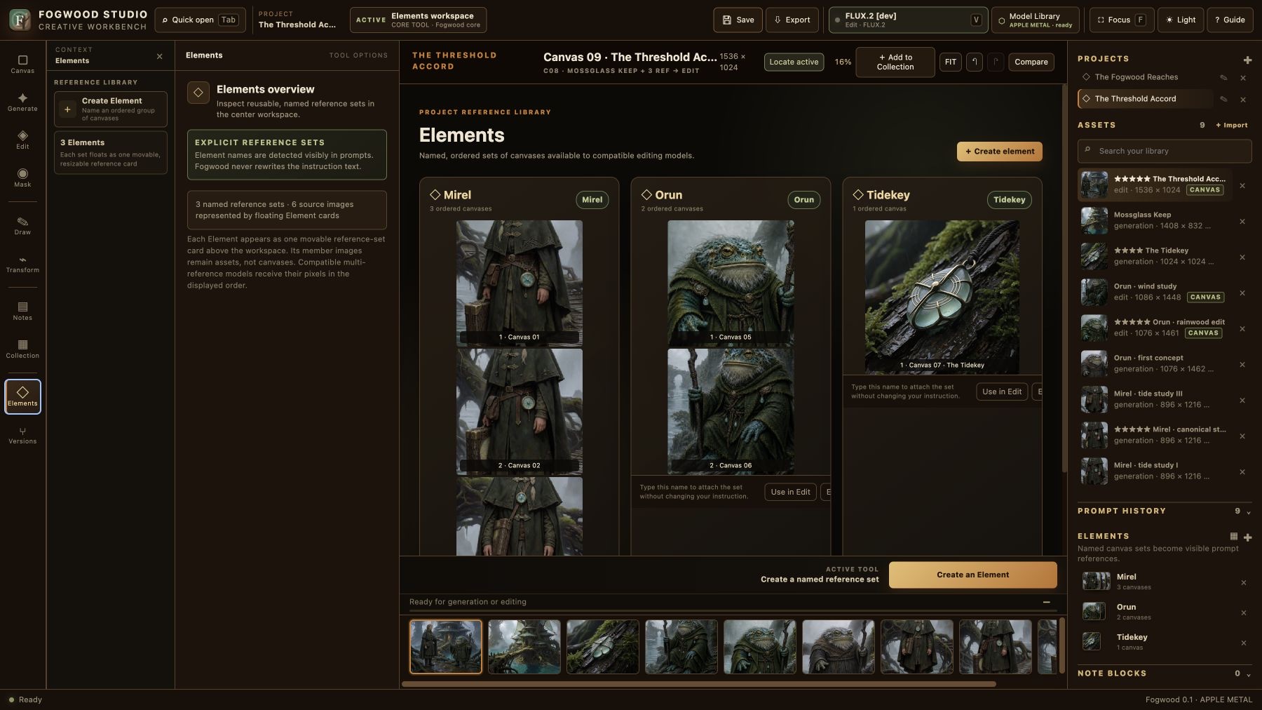 Fogwood Elements overview with three Mirel references, two Orun references, and one Tidekey reference