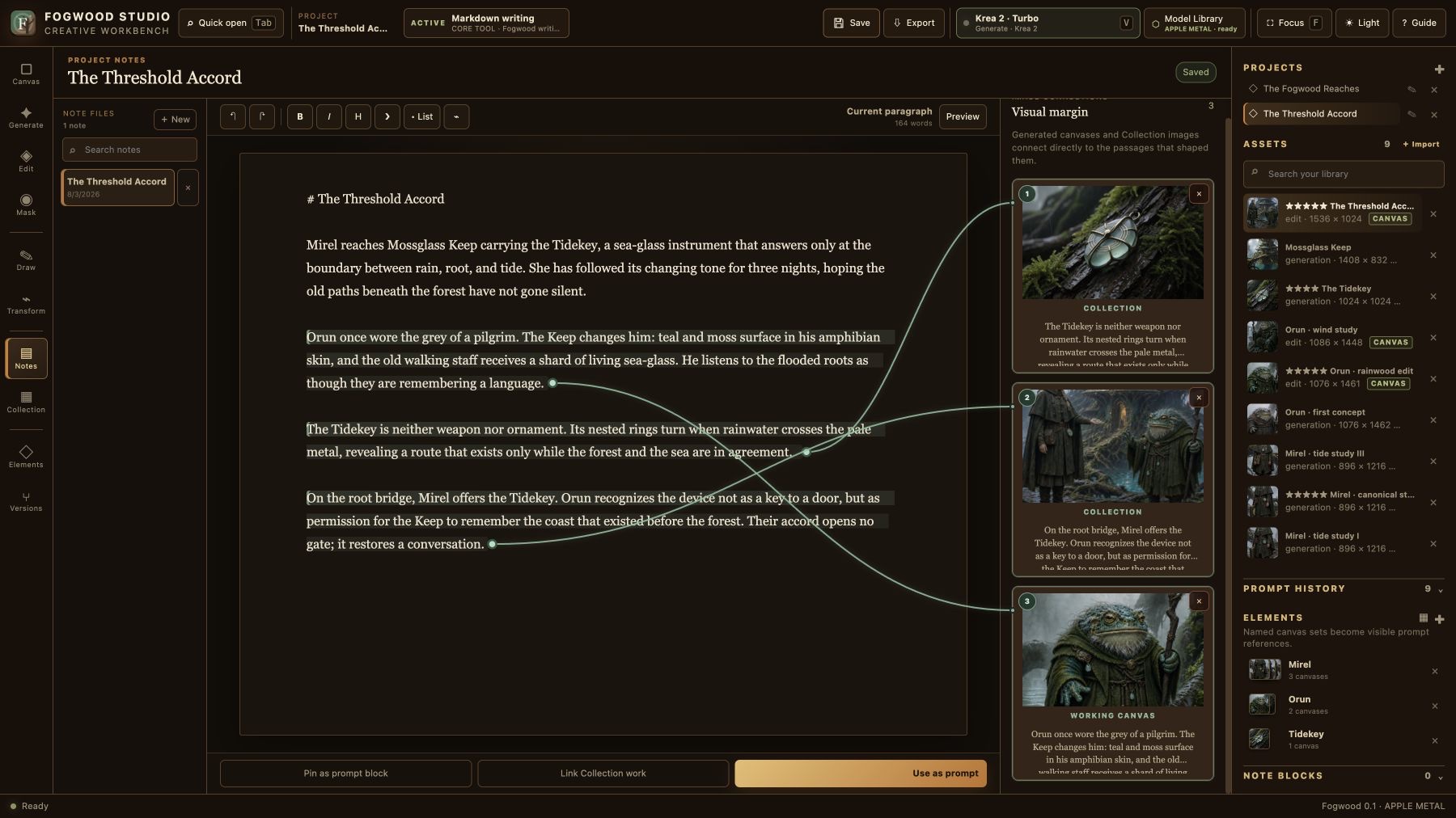 The Threshold Accord notes with several highlighted passages connected to images in the visual margin