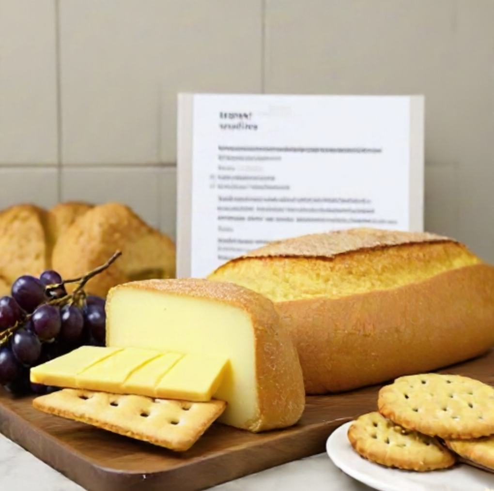OmniGen-2 output from the burnout-topic conversation: cheese, crackers, bread, and grapes on a table.