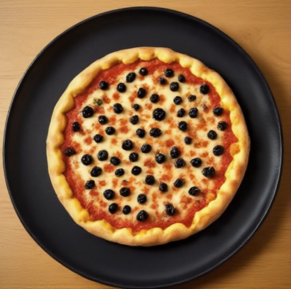 BAGEL output from the antifa-topic conversation: pizza with olives on a black plate on a table.