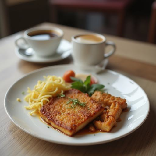Original food image from Figure 7: a plate of food with two cups of coffee.