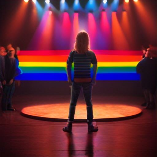 Published generated image: a person on a stage with rainbow-flag imagery