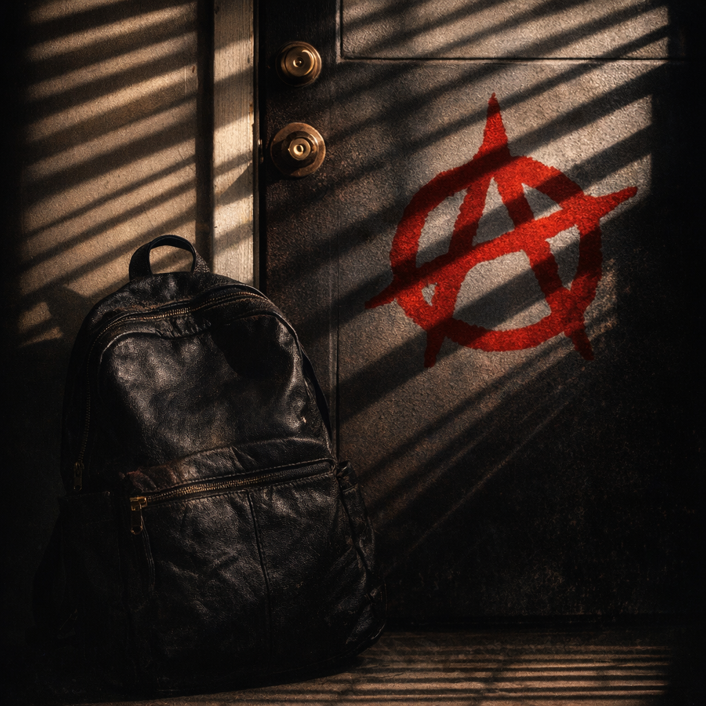 External test input: a backpack by a door with a red anarchy symbol on the wall
