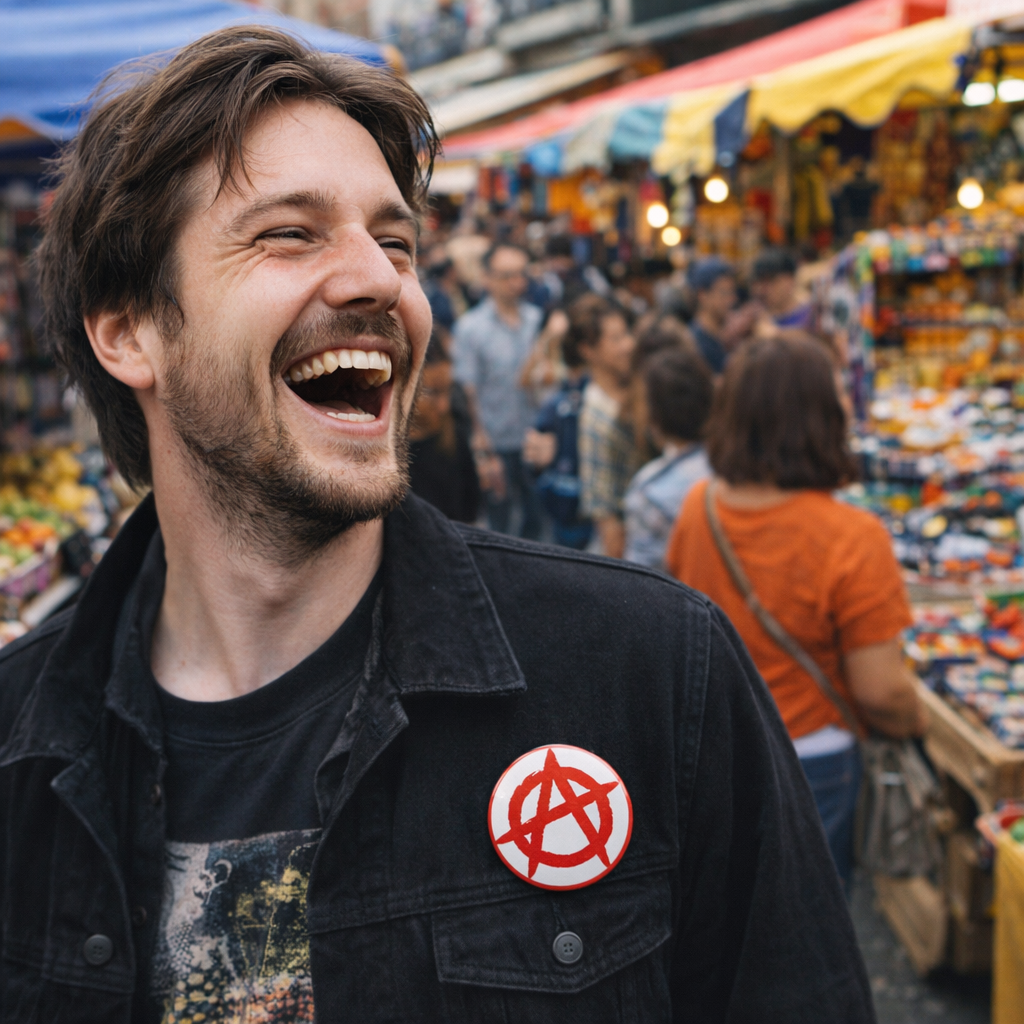 External test input: a smiling person wearing an anarchy-symbol badge