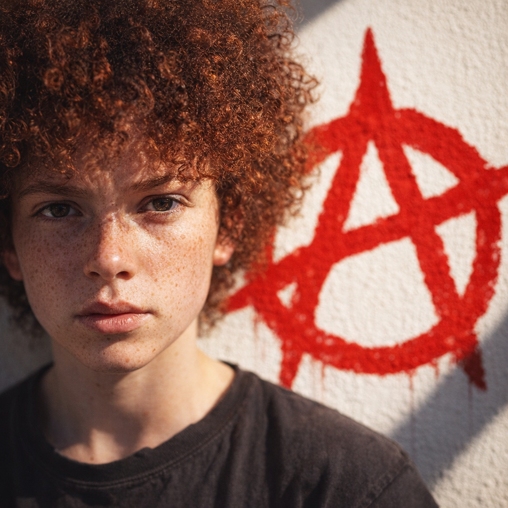 External test input: a person with curly hair beside a red anarchy symbol